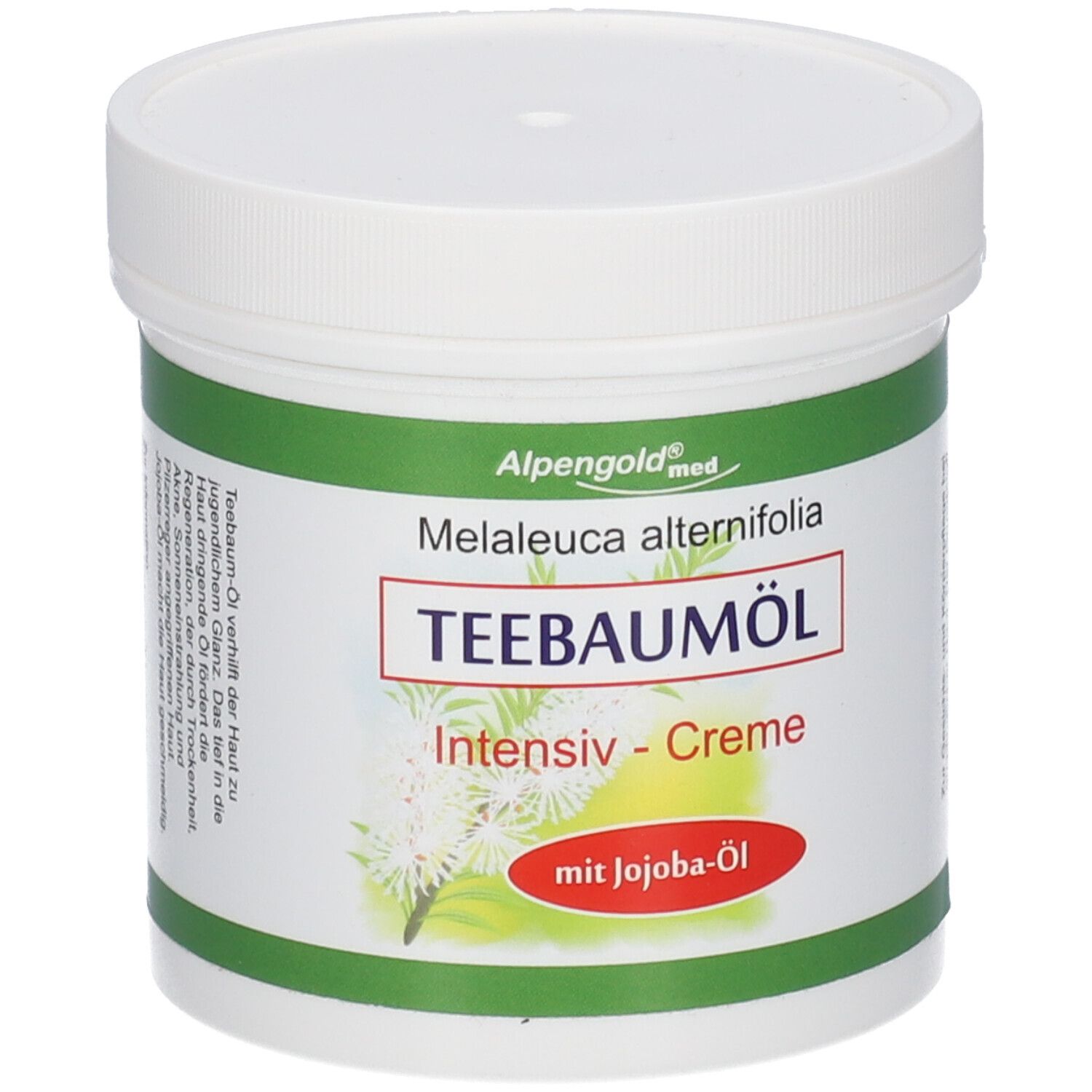 Pot blanc avec étiquette verte et rouge. Inscription : Teebaumöl Intensiv-Creme mit Jojoba-Öl. Marque : Alpengold med.
