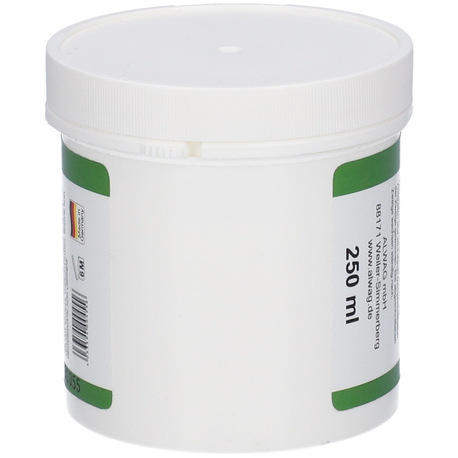 Pot blanc avec étiquette verte. Inscription : 250 ml. Marque : ALWAG GmbH. Avec drapeau allemand.
