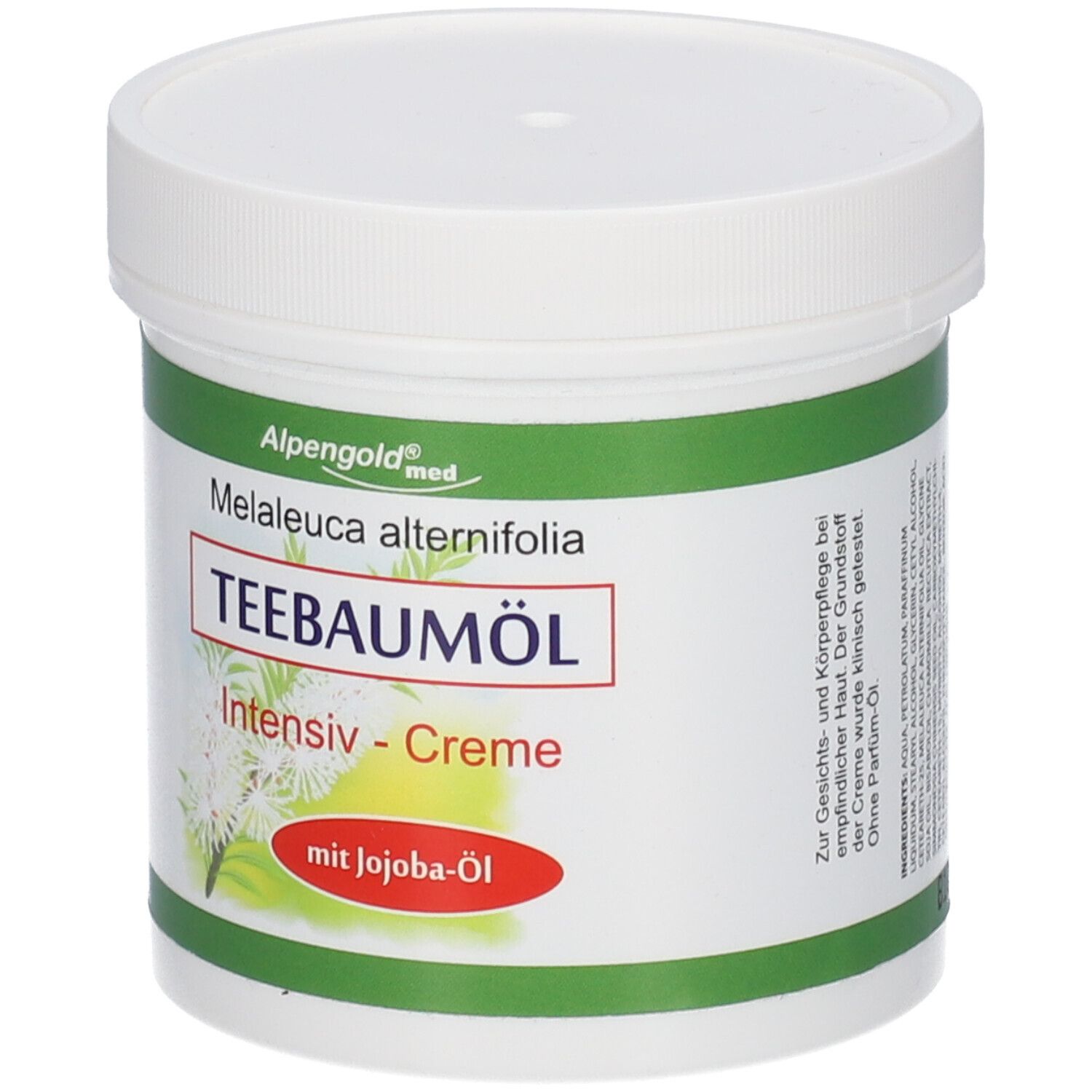 Pot blanc avec étiquette verte et rouge. Inscription : Teebaumöl Intensiv-Creme mit Jojoba-Öl. Marque : Alpengold med.