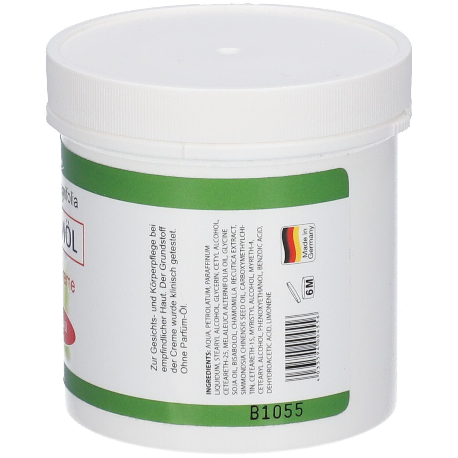 Dos du pot blanc. Texte en allemand. Inscription : Ingrédients. Avec drapeau allemand.