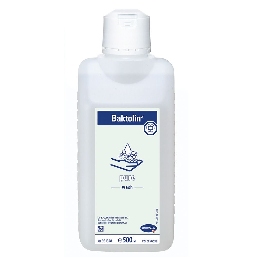 Flacon avec bouchon blanc. Inscription : Baktolin pure wash. Logo avec mains et bulles de savon. 500ml.