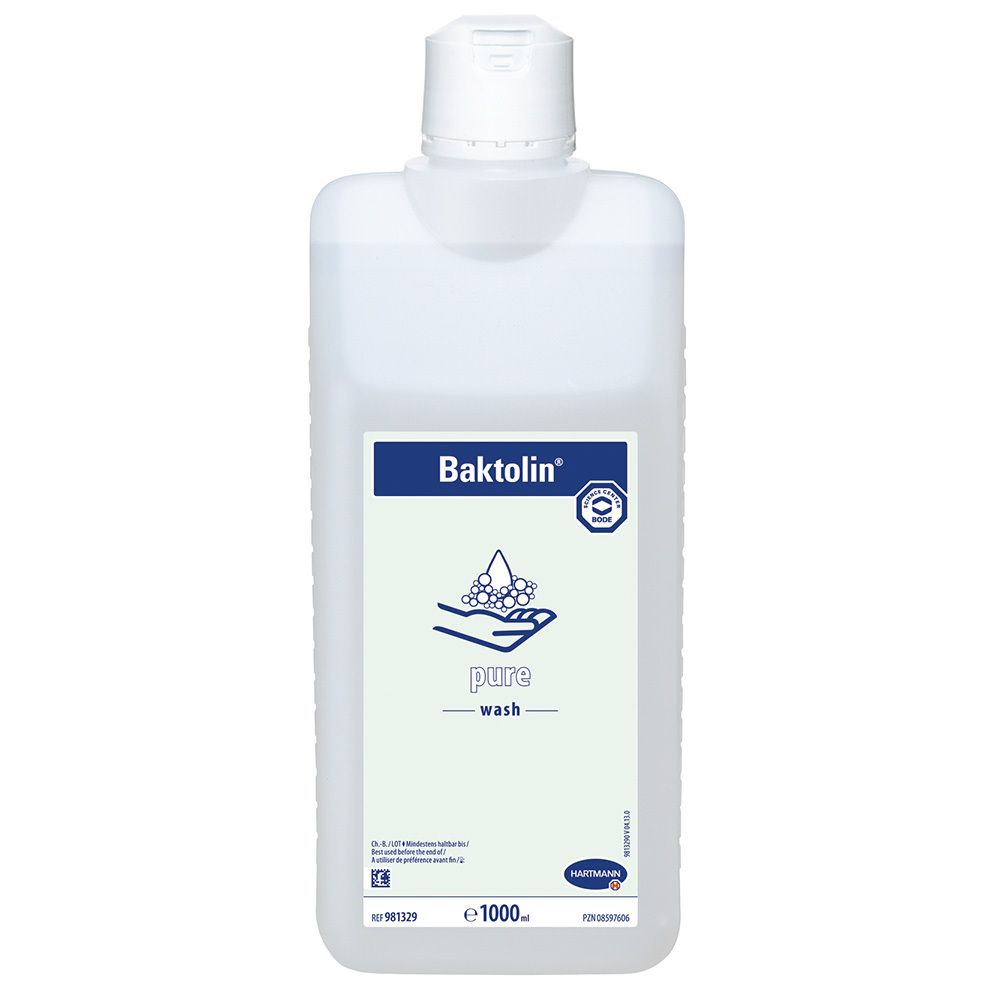 Flacon avec étiquette. Inscription : Baktolin pure wash. Logo avec mains et bulles de savon. Bouchon blanc.