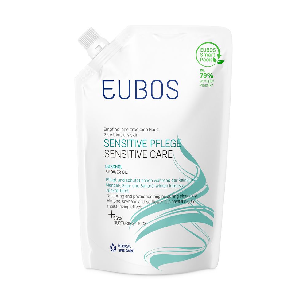 Recharge EUBOS Sensitive Pflege Duschöl. Sachet blanc avec informations et logo. Graphique vert et blanc.