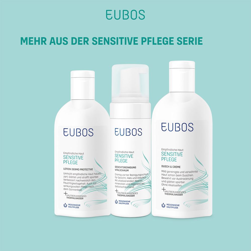 Trois produits de la gamme Sensitive Pflege. Lotion, mousse nettoyante, lait & crème. Flacons et pots blancs.