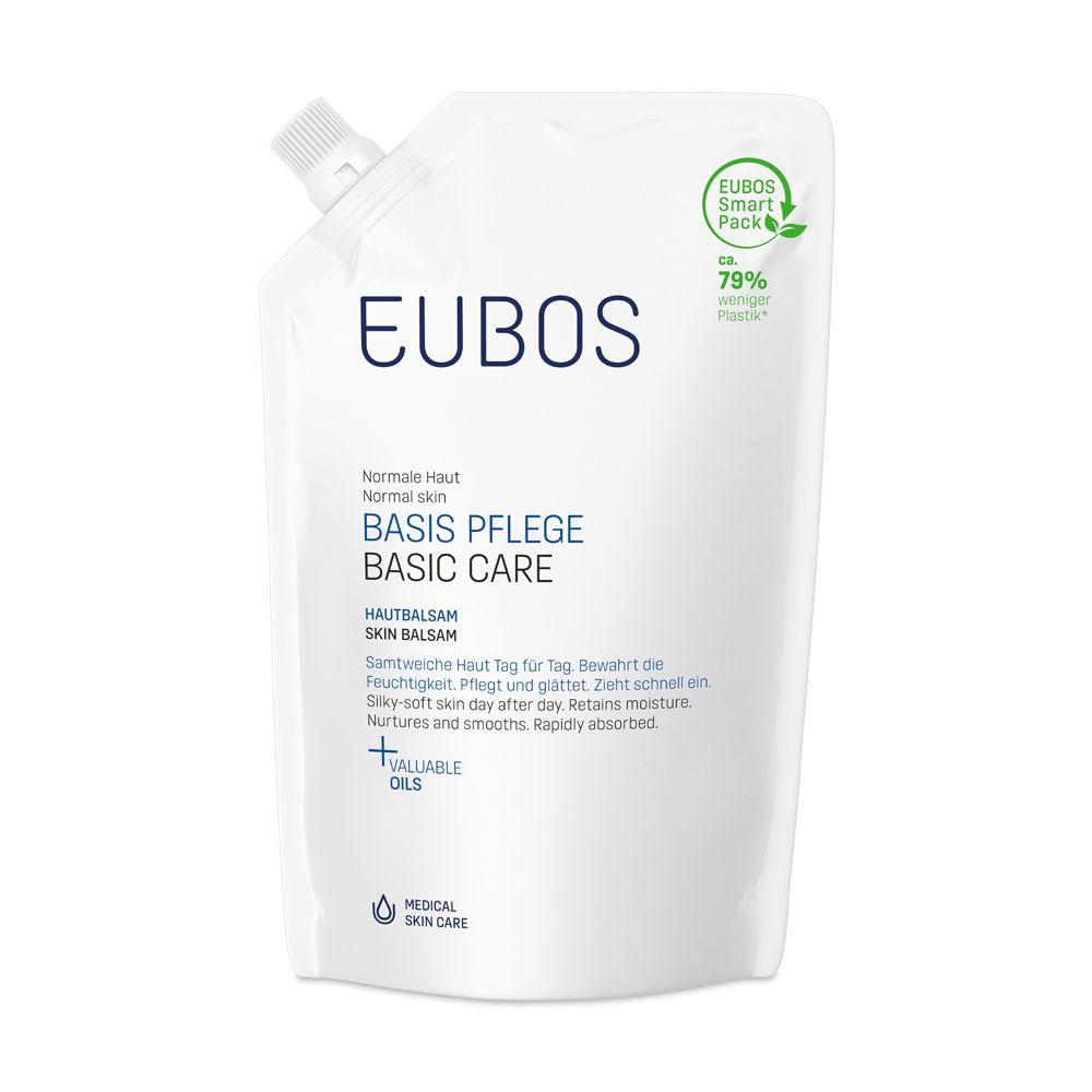 Recharge blanche avec logo EUBOS et nom du produit BASIS PFLEGE. Texte : Normal skin, Basic Care, Skin Balsam.