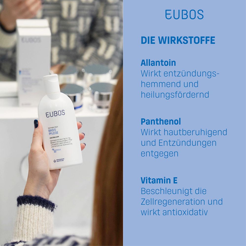 Personne tenant un produit EUBOS. Texte : DIE WIRKSTOFFE. Allantoïne, Panthénol, Vitamine E.