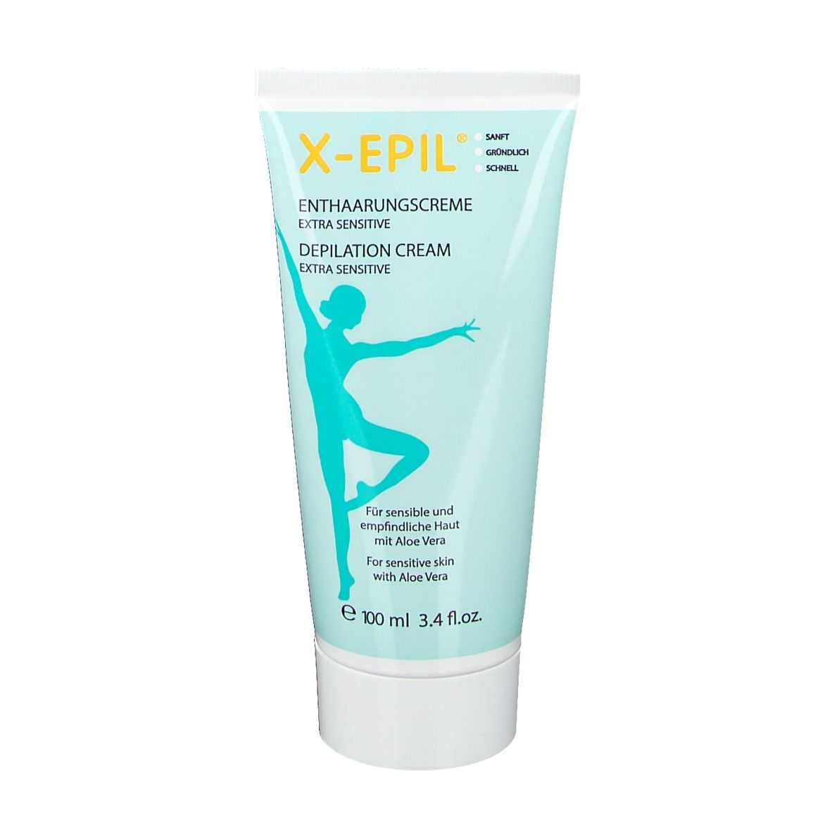 Tube bleu clair X-Epil Enthaarungscreme Sensitive. Image d'une femme. Inscription: Extra Sensitive, Aloe Vera. Contenance.