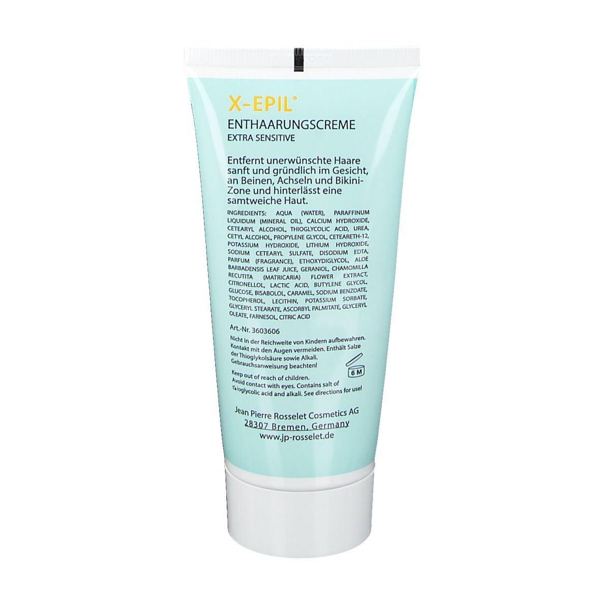 Dos du tube bleu clair. Texte: X-Epil Enthaarungscreme Extra Sensitive. Ingrédients, adresse du fabricant.