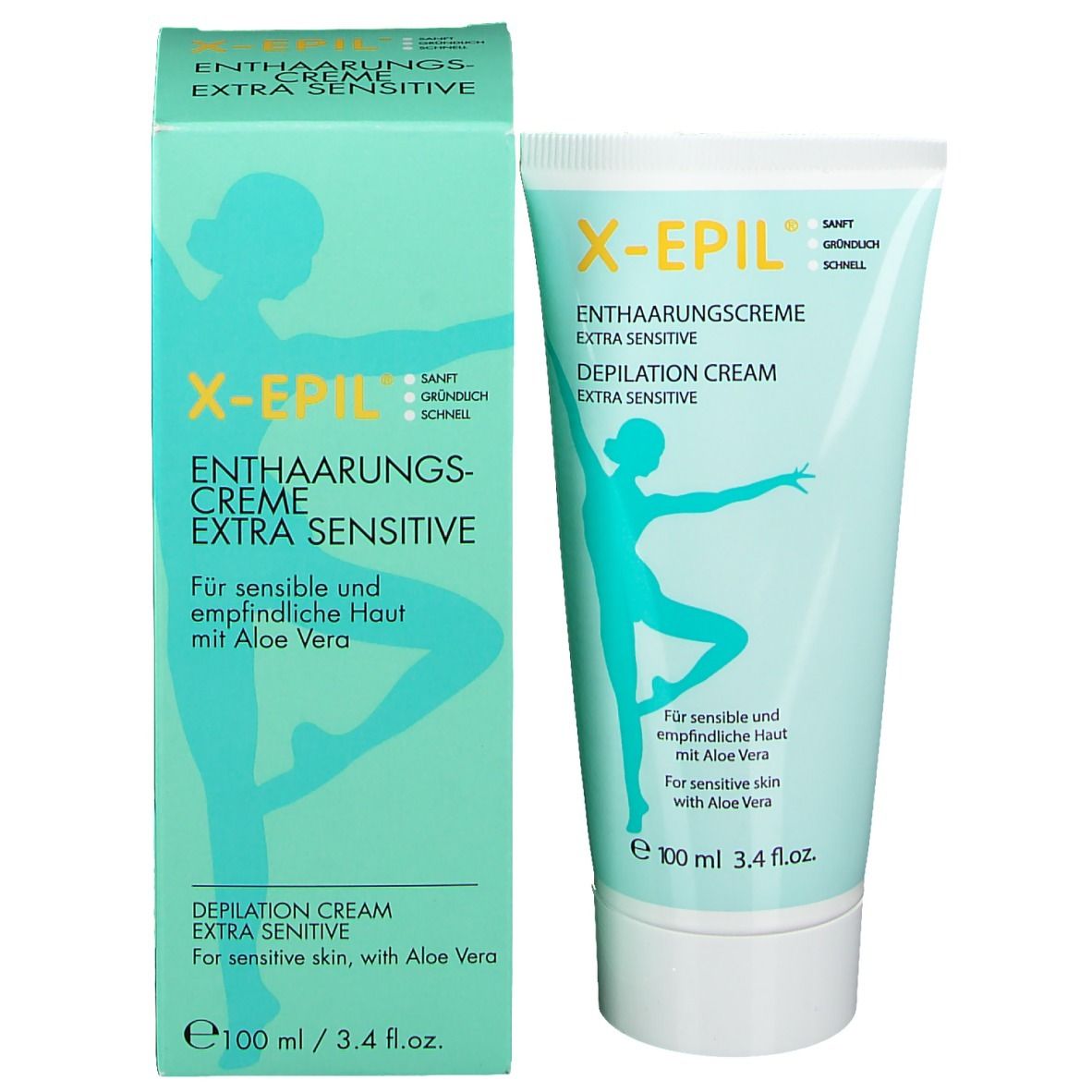 Emballage et tube. Emballage: vert clair, X-Epil Enthaarungscreme Extra Sensitive. Tube: bleu clair, même inscription.