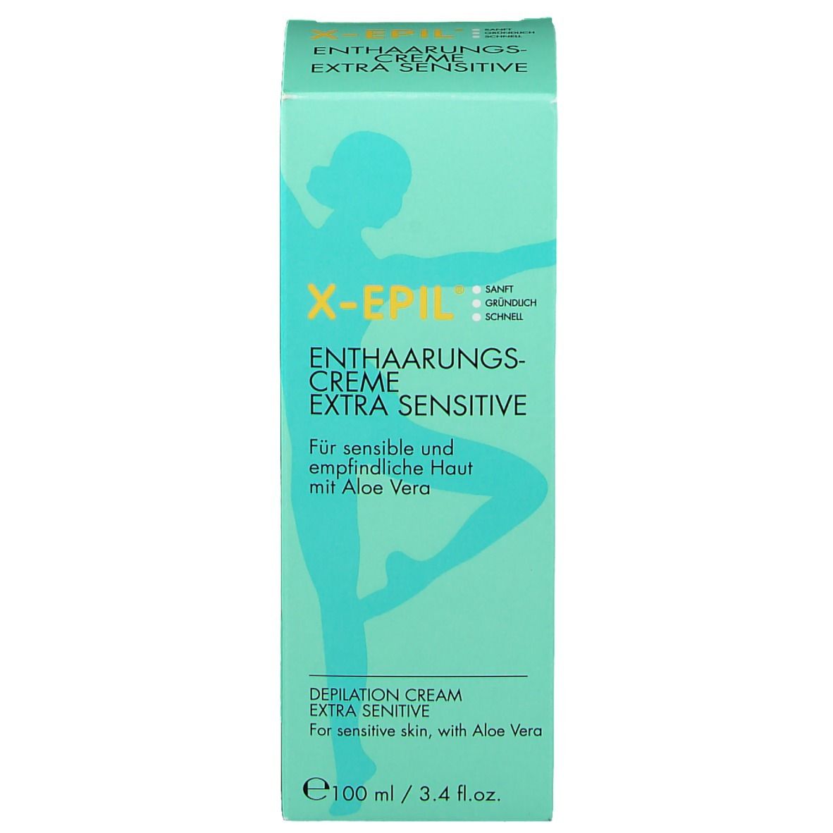 Emballage vert clair. Inscription: X-Epil Enthaarungscreme Extra Sensitive. Image d'une femme. Texte: Aloe Vera.
