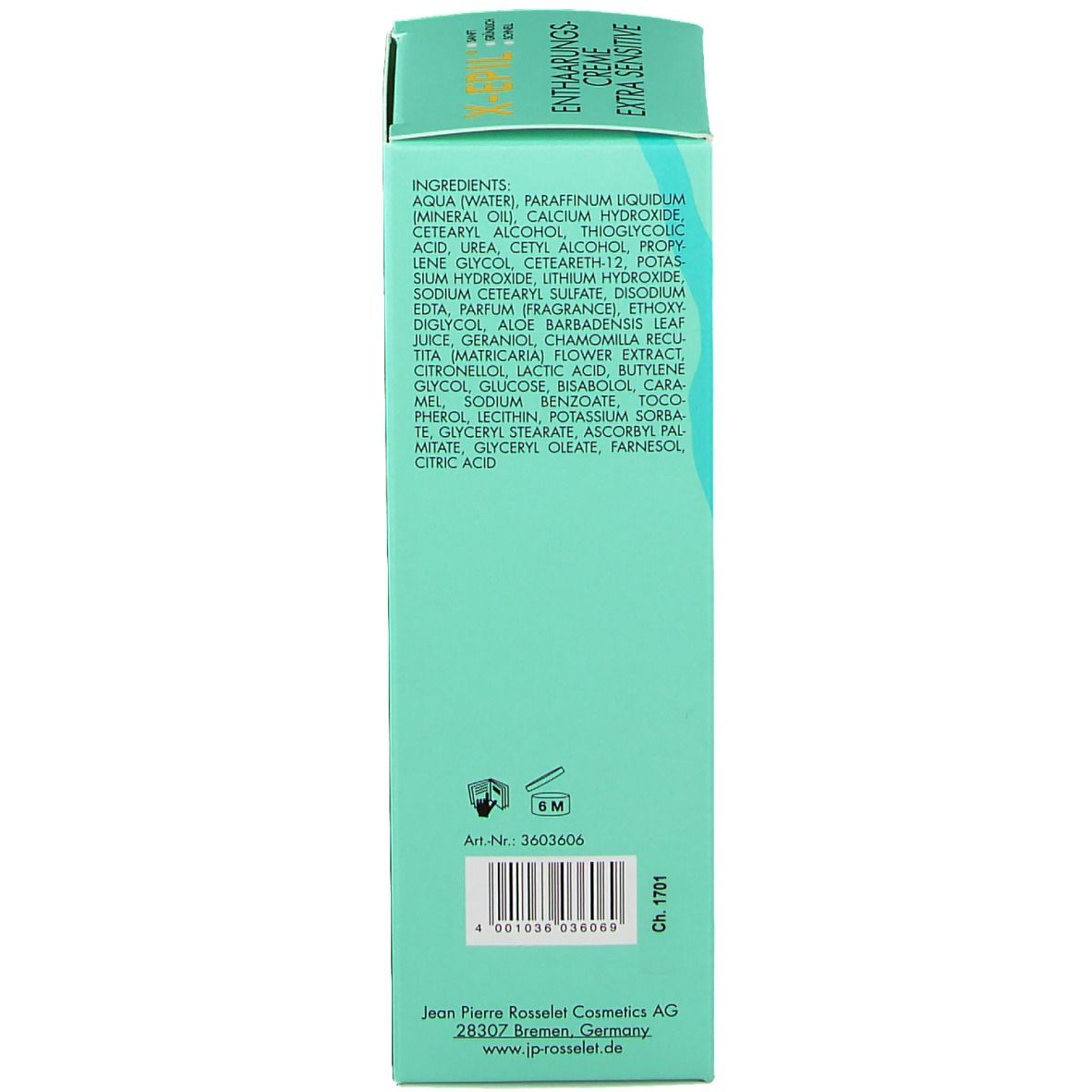 Vue latérale de l'emballage. Texte: X-Epil Enthaarungscreme Extra Sensitive. Ingrédients, adresse du fabricant.