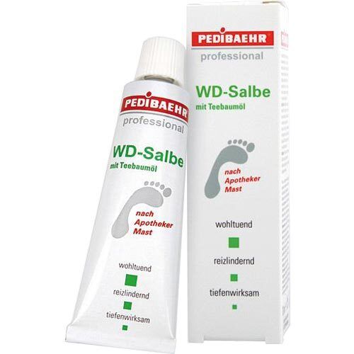 Tube et emballage de WD-Salbe avec huile de théier. Inscription: PEDIBAEHR professional, WD-Salbe, empreinte de pied, apaisant, anti-irritant, efficace en profondeur.