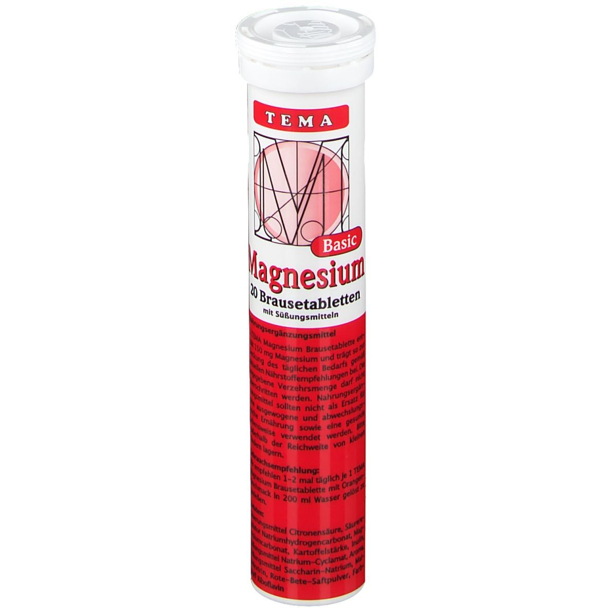 Comprimés effervescents TEMA Magnesium en tube blanc. 20 comprimés. Inscription: Mg Basic Magnesium. Détail des ingrédients.
