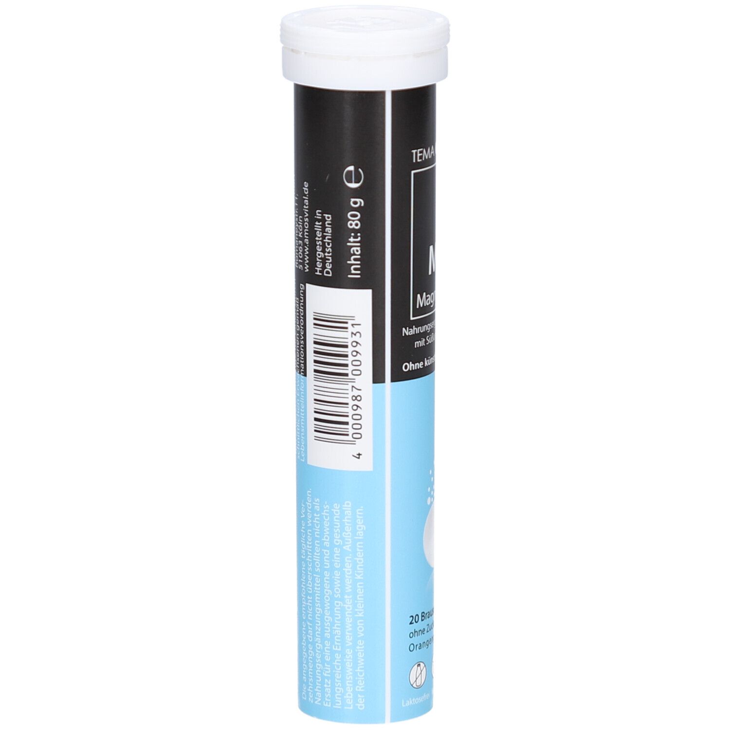 Comprimés effervescents TEMA Magnesium en tube blanc. 20 comprimés. Inscription: Mg Basic Magnesium. Texte au dos.