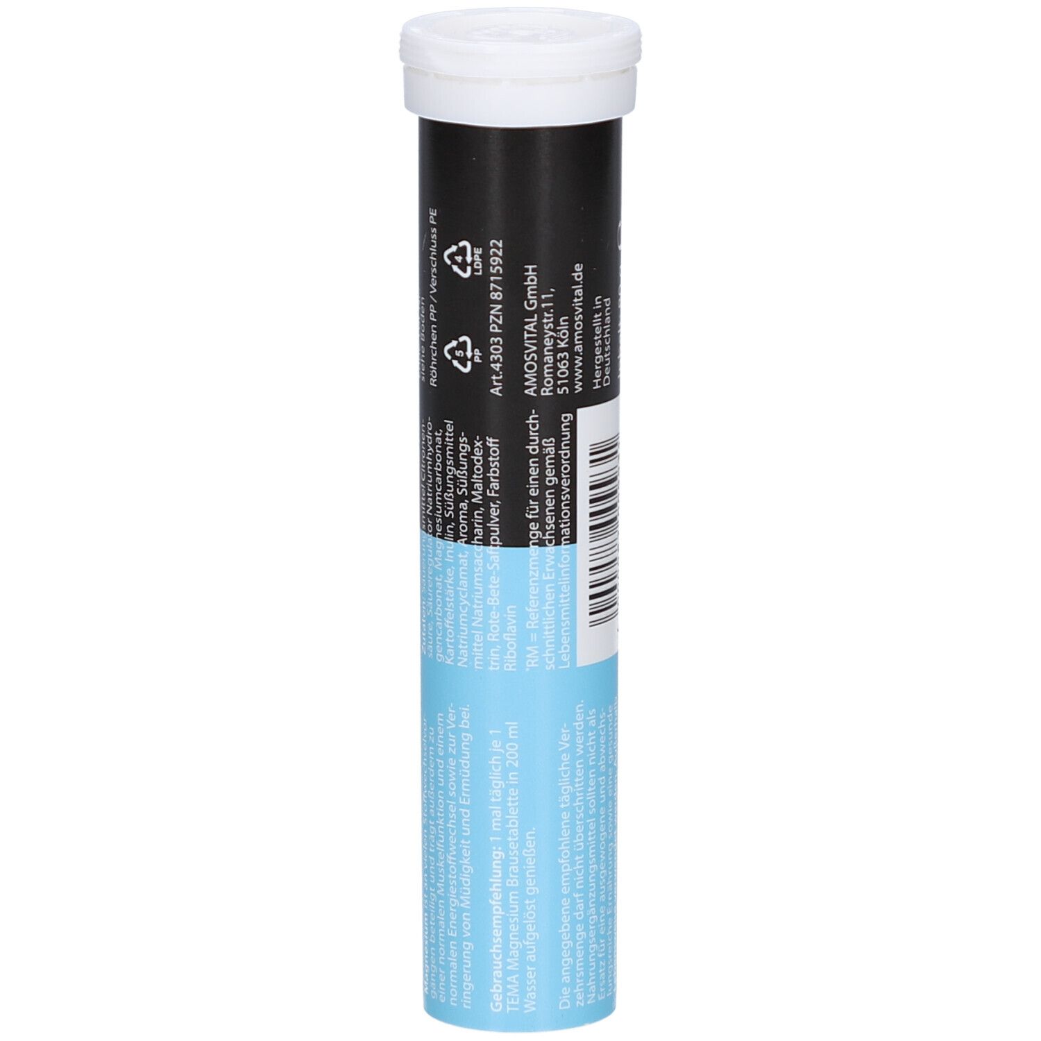 Comprimés effervescents TEMA Magnesium en tube blanc. 20 comprimés. Inscription: Mg Basic Magnesium. Texte multilingue.