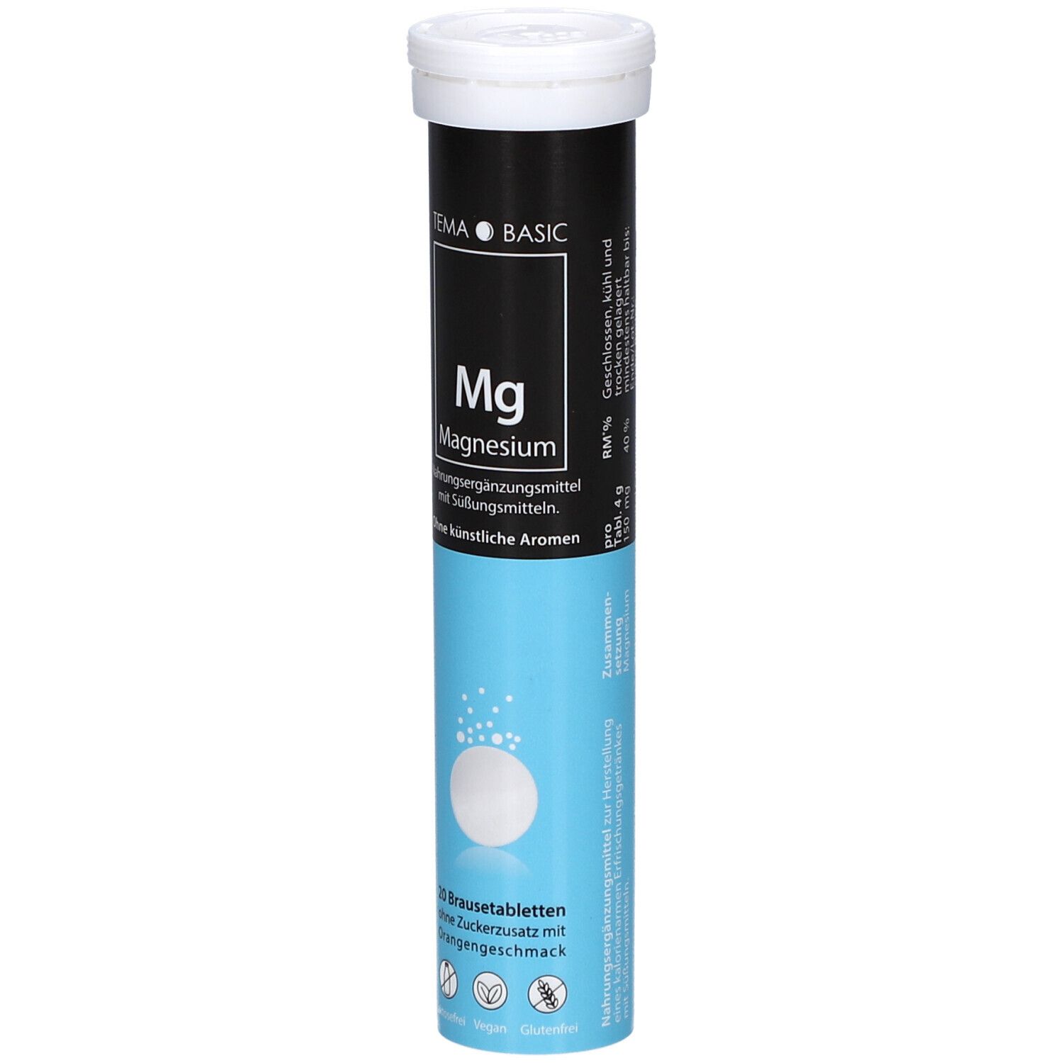 Comprimés effervescents TEMA Magnesium en tube blanc. 20 comprimés. Inscription: Mg Basic Magnesium. Détail des ingrédients.