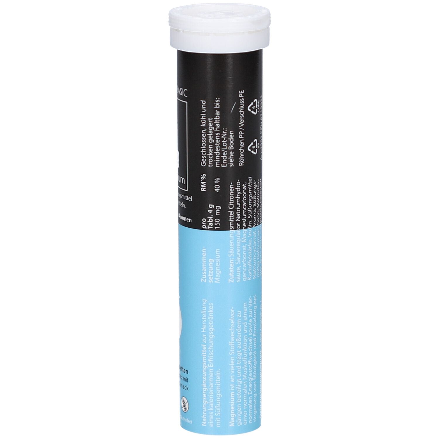 Comprimés effervescents TEMA Magnesium en tube blanc. 20 comprimés. Inscription: Mg Basic Magnesium. Texte multilingue.