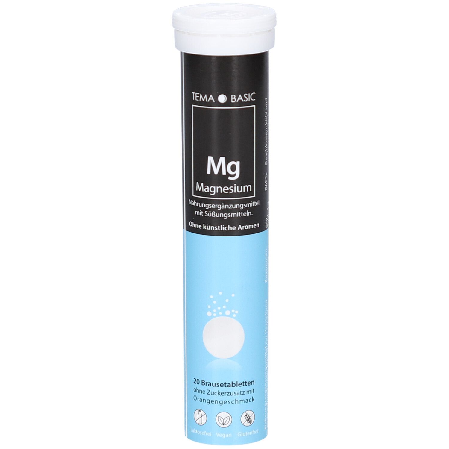 Comprimés effervescents TEMA Magnesium en tube blanc. 20 comprimés. Inscription: Mg Basic Magnesium.