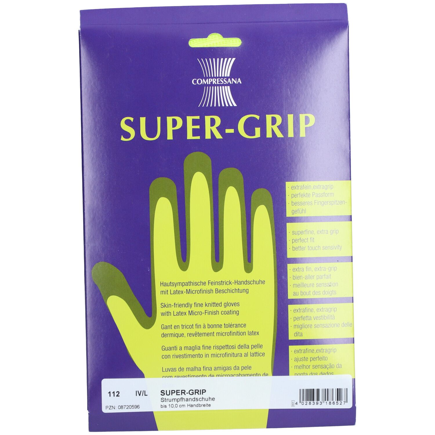Emballage COMPRESSANA Super-Grip Gr. IV L. Gants jaunes, revêtement micro-finition latex. Texte: SUPER-GRIP.