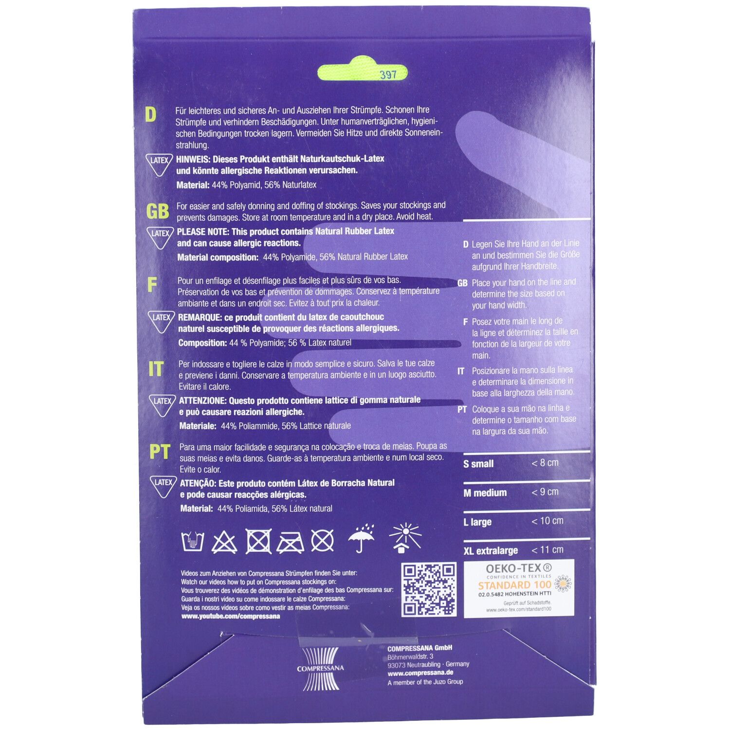 Dos de l'emballage COMPRESSANA Super-Grip. Texte multilingue. Certification Oeko-Tex Standard 100.