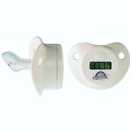 Thermomètre-sucette blanc avec affichage numérique. Affiche 37,7°C. Marque Baby-Frank® avec logo arc-en-ciel.