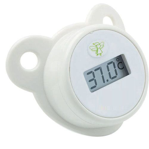 Thermomètre-sucette blanc avec affichage numérique. Affiche 37,0°C. Avec logo ailes d'ange.