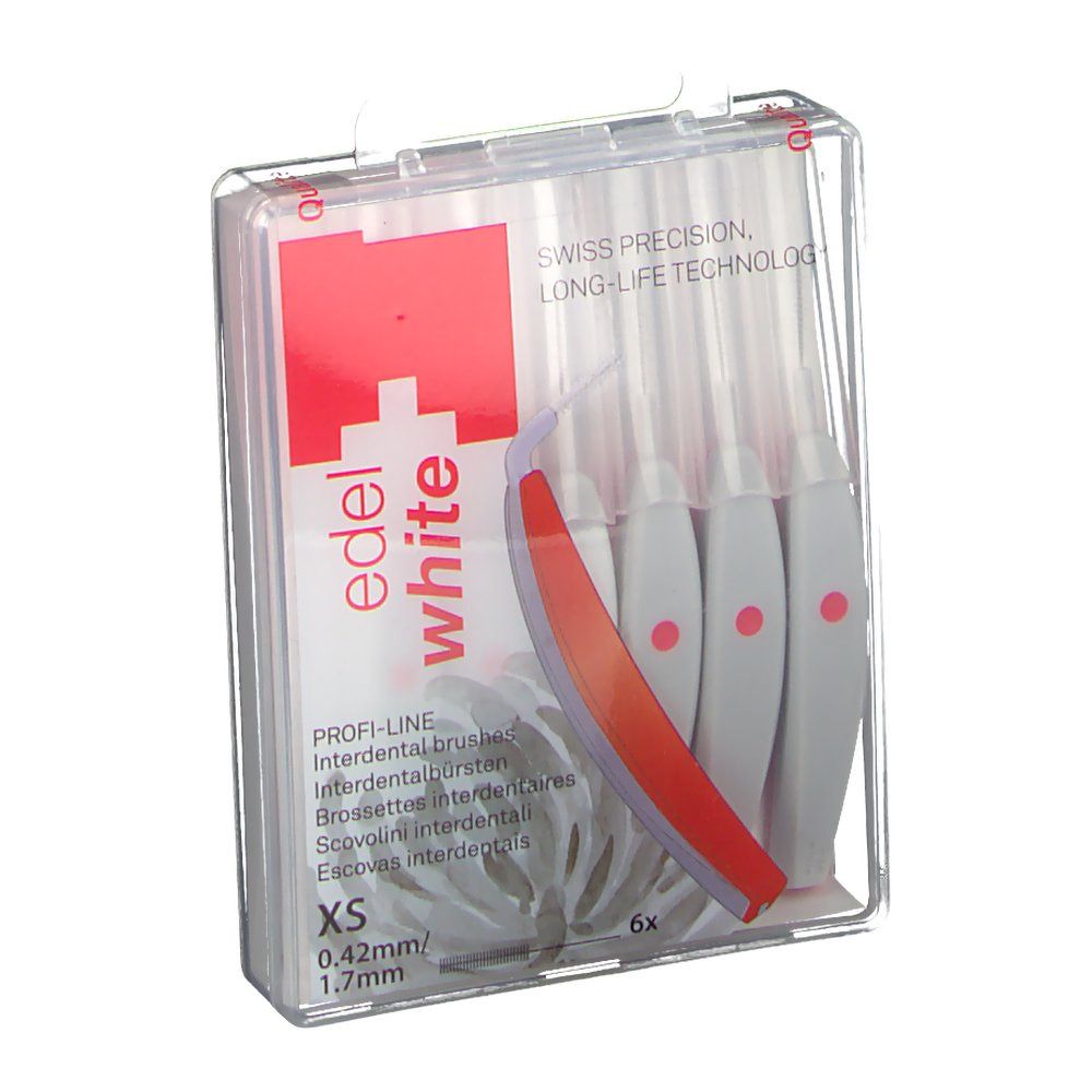 Emballage transparent avec brosses interdentaires. Marque: edel+white. Taille XS, 0,42mm/1,7mm. 6 pièces. Précision suisse.
