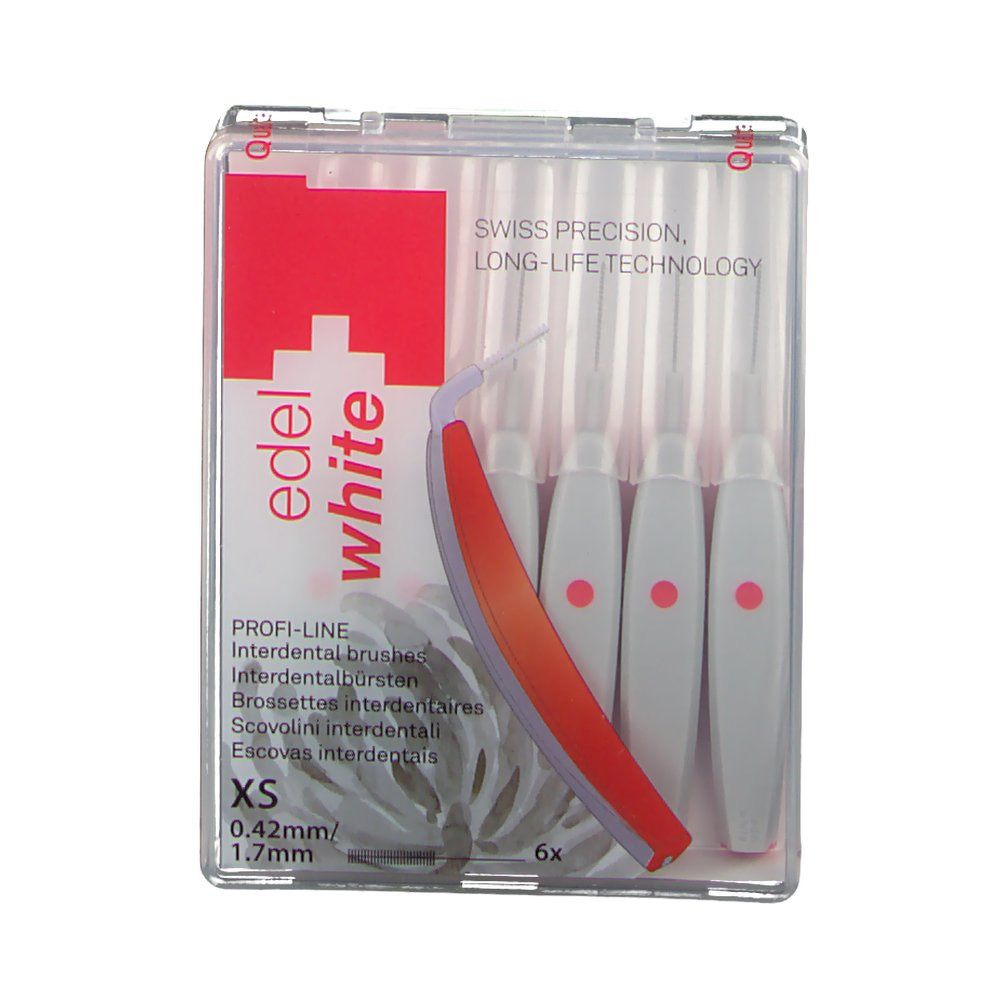 Emballage avec brosses interdentaires. Marque: edel+white. 6 pièces. Taille XS, 0,42mm/1,7mm. Précision suisse.