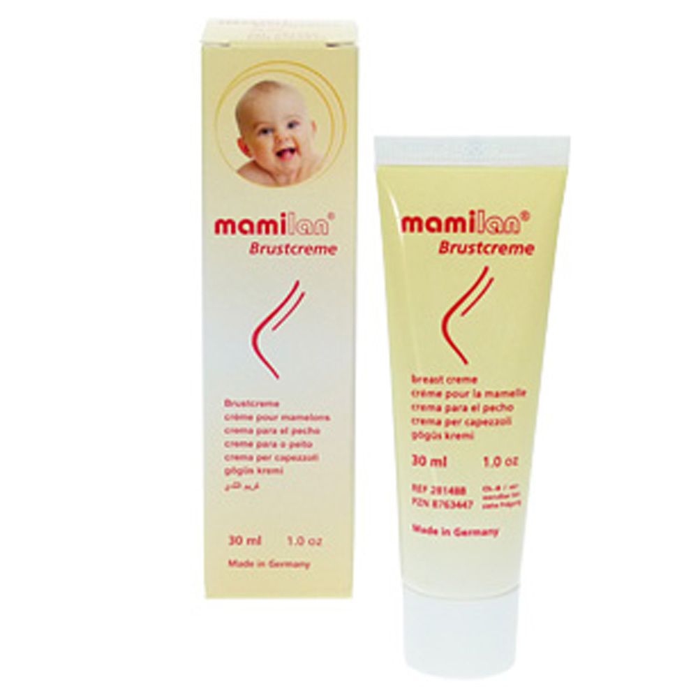 Tube et boîte de crème avec illustration de bébé. Inscription : mamilan® Brustcreme. 30 ml, 1.0 oz.