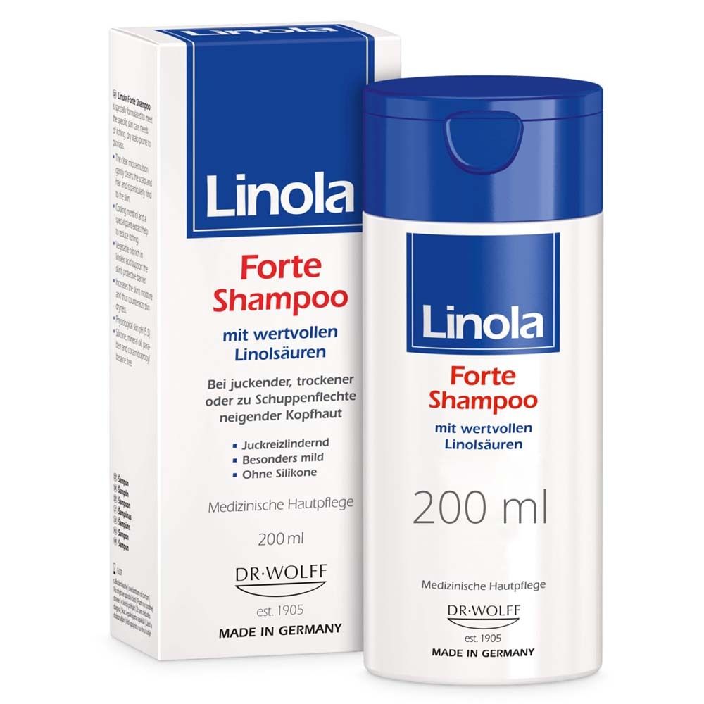 Flacon et emballage de shampooing Linola Forte. Blanc, bleu. Texte : Forte Shampoo, 200 ml.