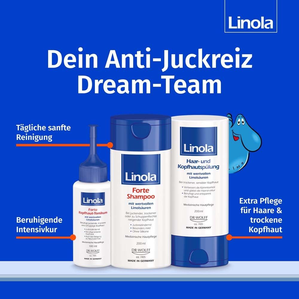 Trois produits. Texte : Votre équipe de rêve anti-démangeaisons. Cure intensive, shampooing, après-shampooing. Soin supplémentaire pour les cheveux.