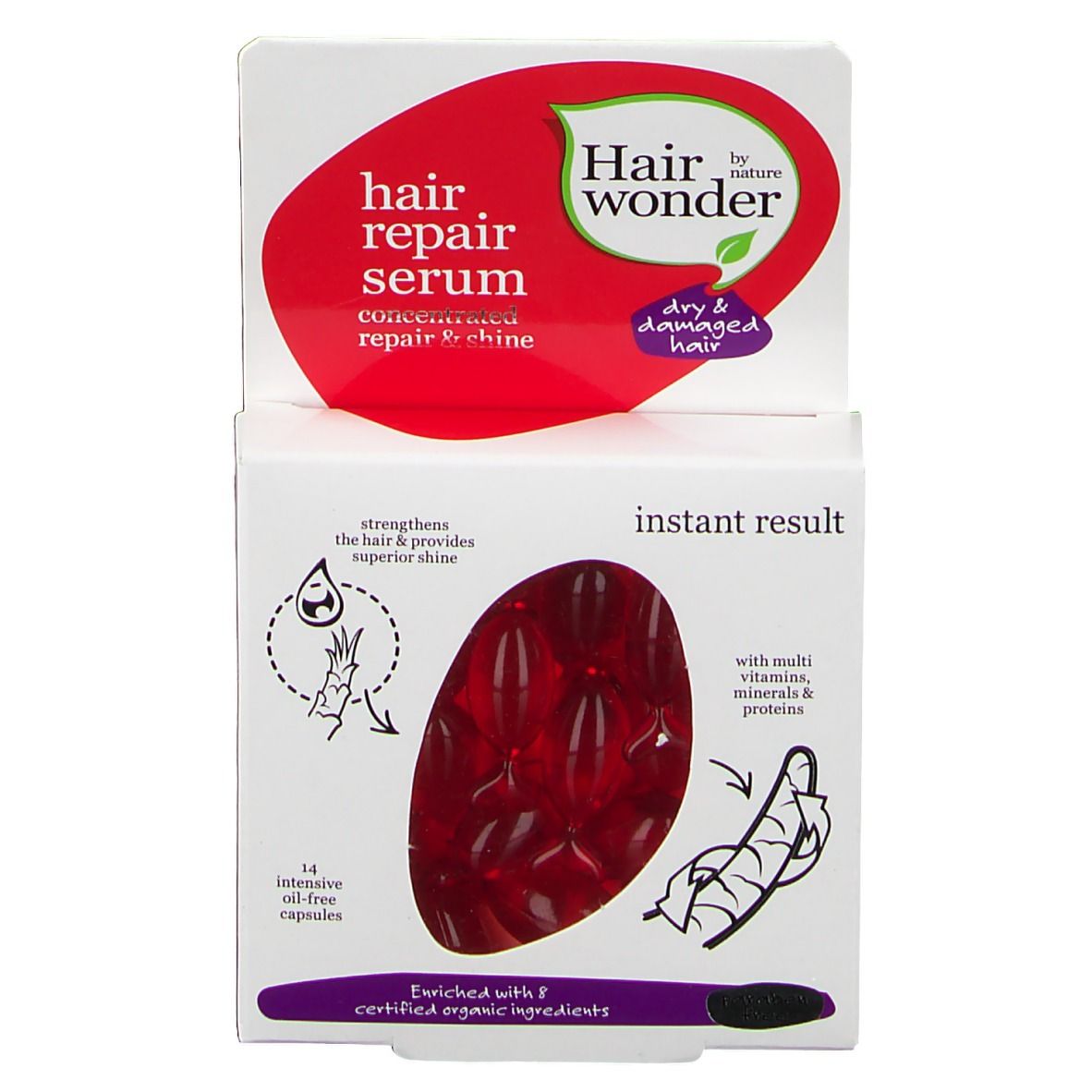 Boîte avec capsules rouges. Inscription: Hair Wonder Serum, pour cheveux secs et abîmés. 14 capsules.