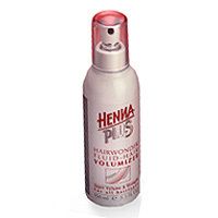 Flacon Hennaplus Hairwonder Fluid Volumen. Blanc, avec vaporisateur rouge. Nom du produit et logo sur le devant.