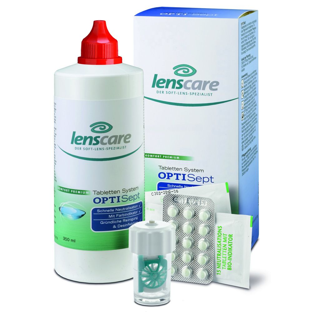Lenscare OPTISept. Flacon et emballage avec comprimés et étui. Contient un nettoyant et désinfectant pour lentilles de contact.