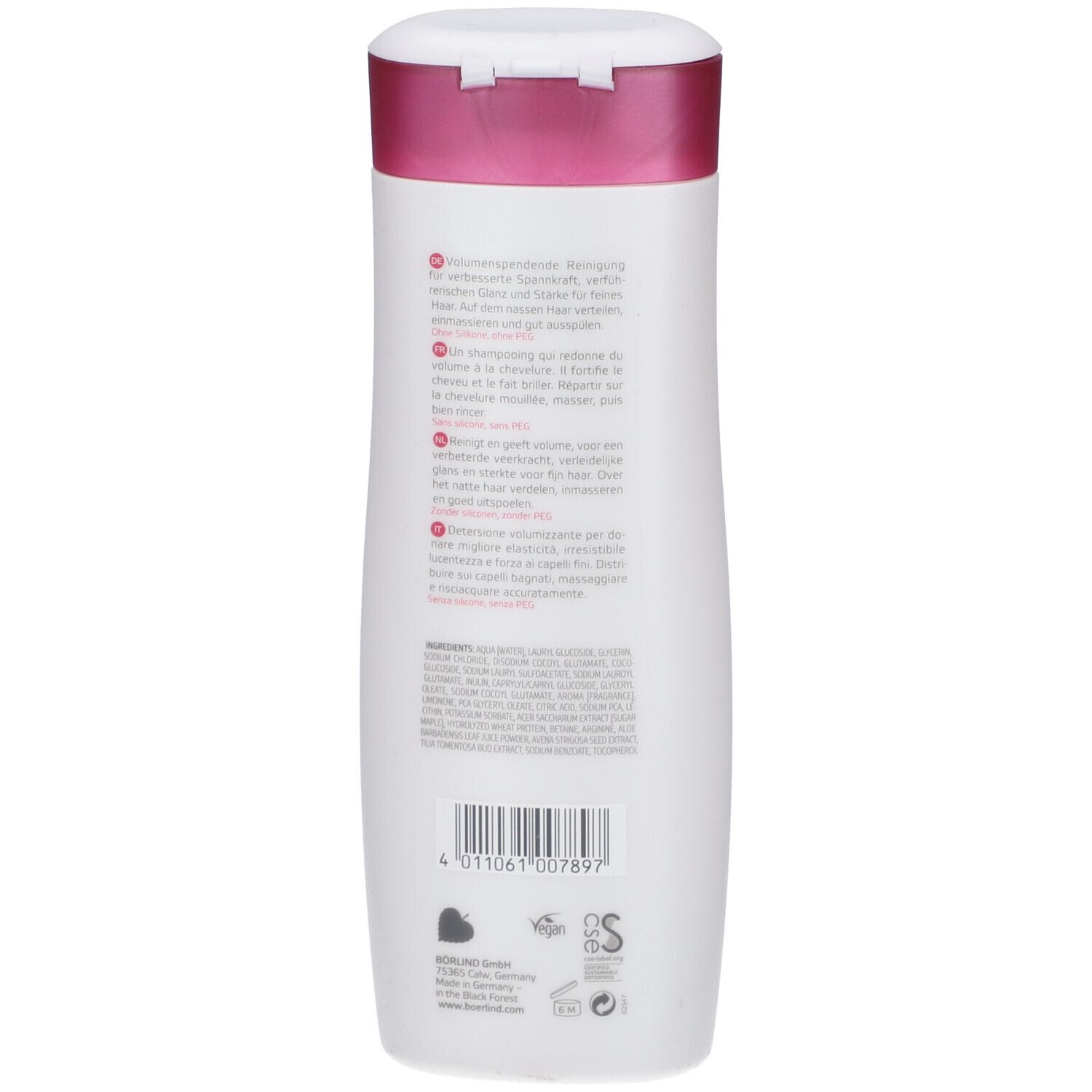 Dos d'un flacon de shampooing blanc avec bouchon violet. Texte multilingue et liste des ingrédients.