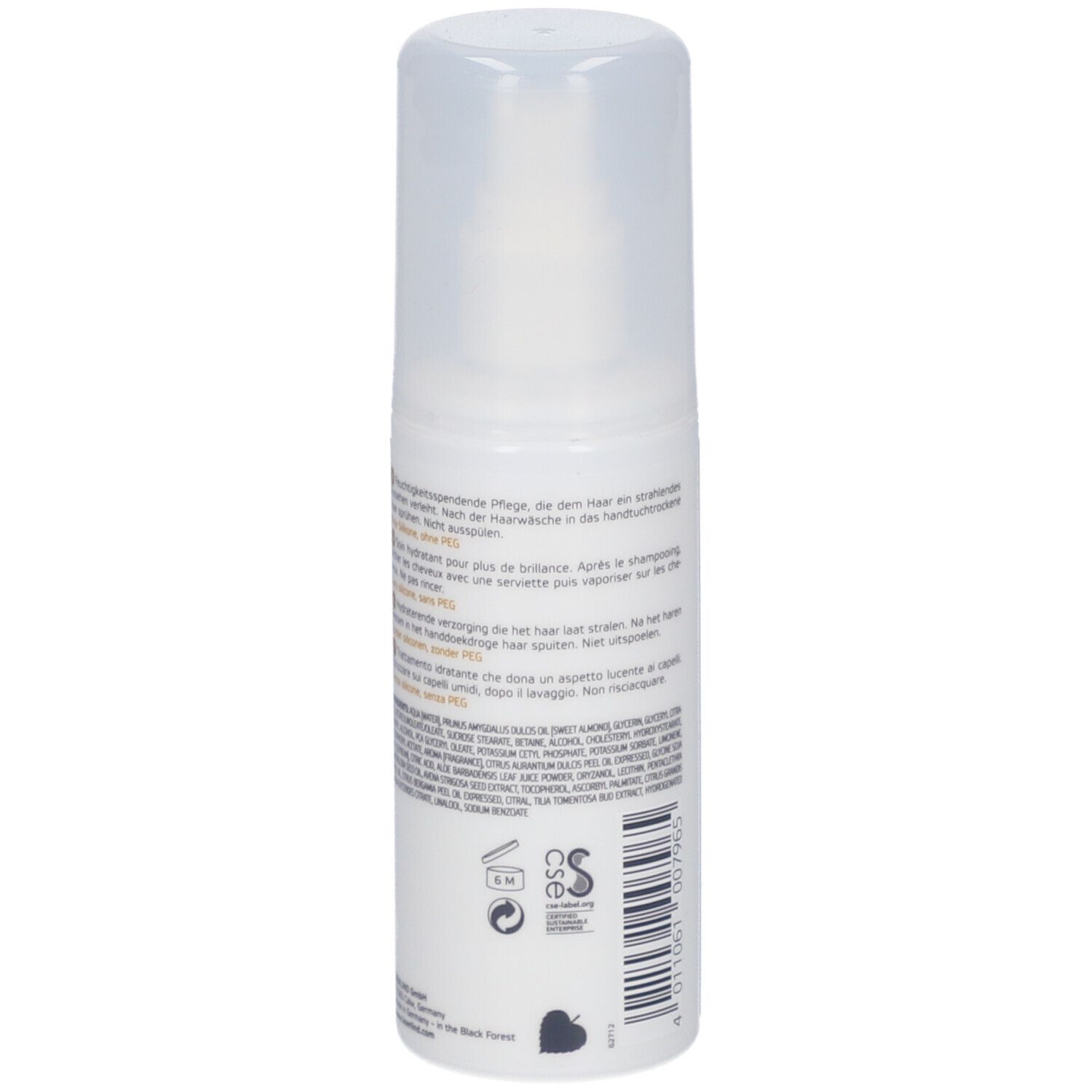 Spray blanc avec tête de pulvérisation. Inscription : ANNEMARIE BÖRLIND, hair leave-in. Informations multilingues.