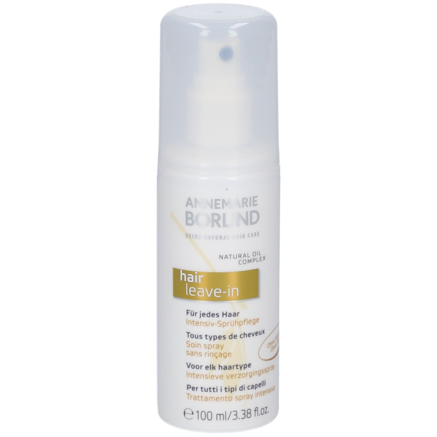 Spray blanc avec tête de pulvérisation. Inscription : ANNEMARIE BÖRLIND, hair leave-in. Informations multilingues.
