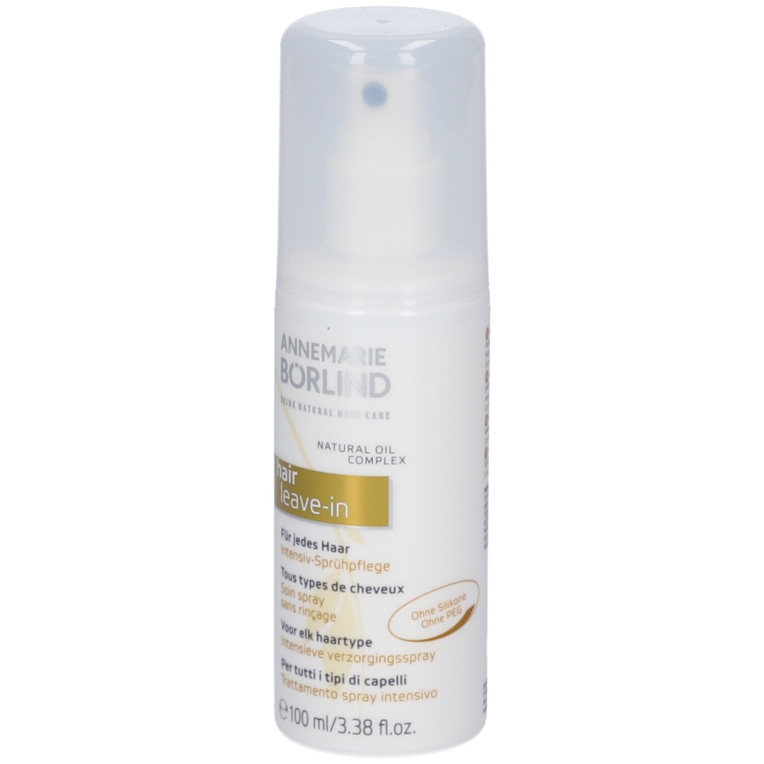 Spray blanc avec tête de pulvérisation. Inscription : ANNEMARIE BÖRLIND, hair leave-in. Informations multilingues.