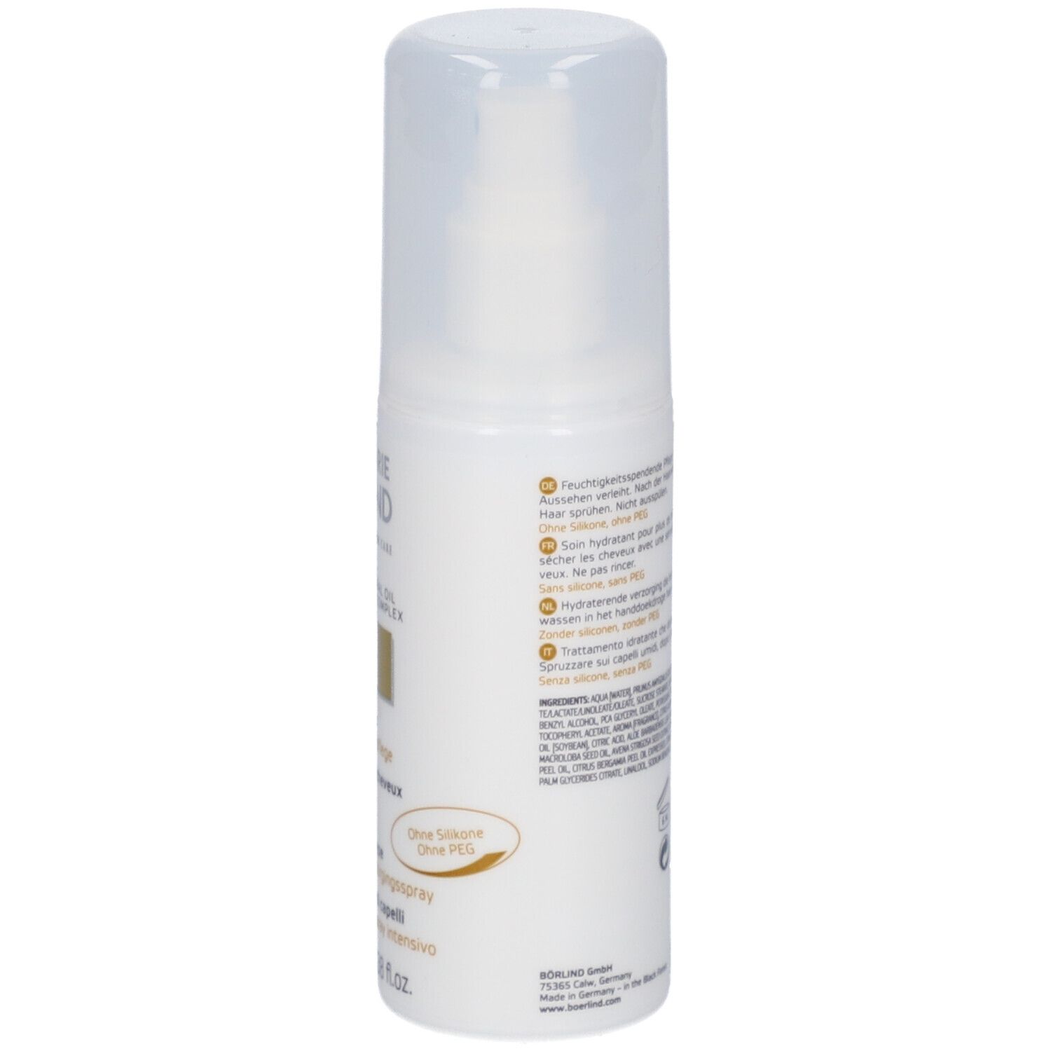 Spray blanc avec tête de pulvérisation. Inscription : ANNEMARIE BÖRLIND, hair leave-in. Informations multilingues.