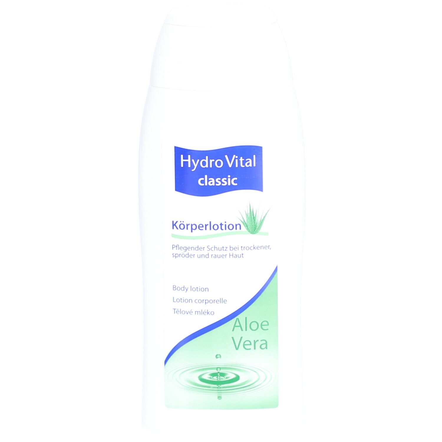Flacon blanc avec étiquette bleue. Inscription: Hydro Vital classic, Lotion corporelle, Aloe Vera.