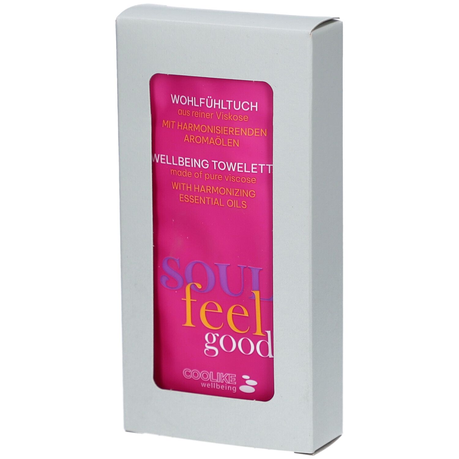 Boîte blanche avec fenêtre. Tissu rose. Inscription : SOUL feel good, COOLIKE wellbeing.