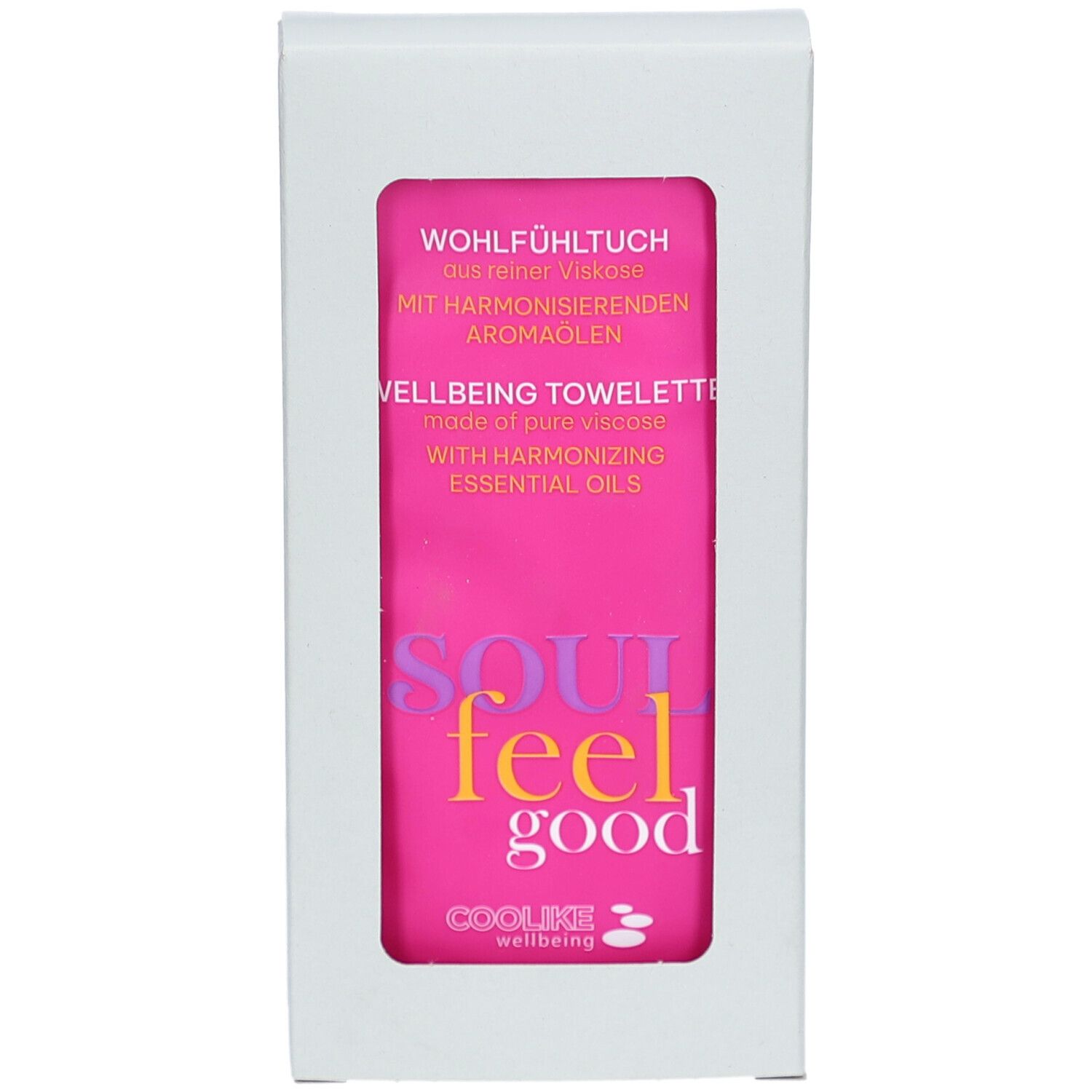 Boîte blanche avec fenêtre. Tissu rose. Inscription : SOUL feel good, COOLIKE wellbeing.