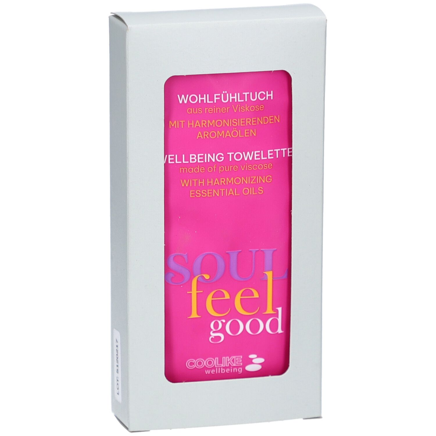 Boîte blanche avec fenêtre. Tissu rose. Inscription : SOUL feel good, COOLIKE wellbeing.