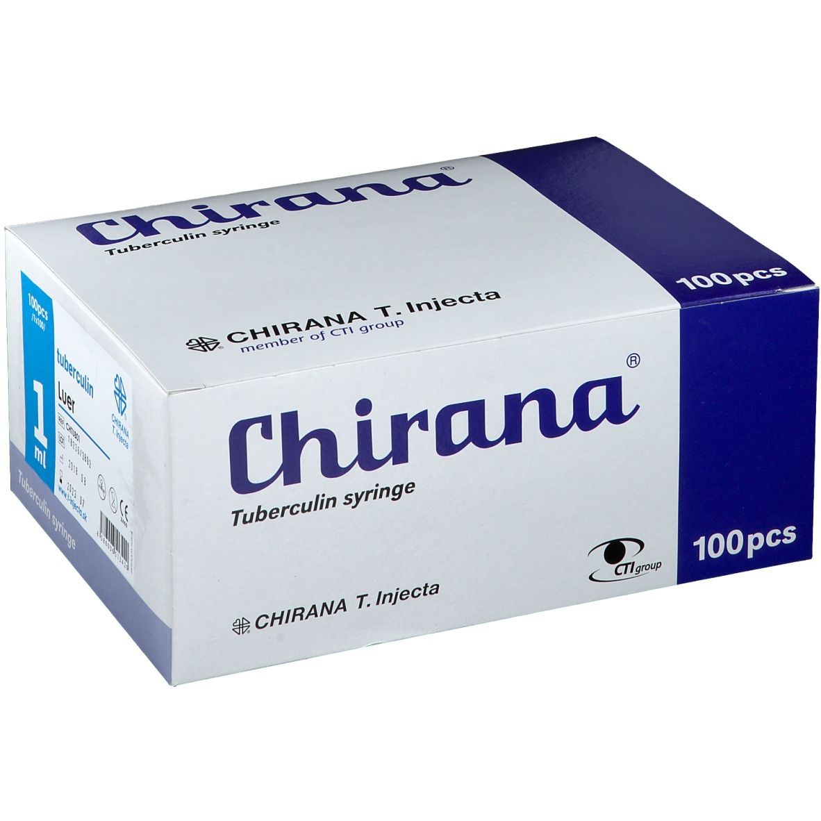 Boîte de seringues à tuberculine 'Chirana'. Emballage bleu et blanc. Contient 100 pièces. 'Chirana T. Injecta'.