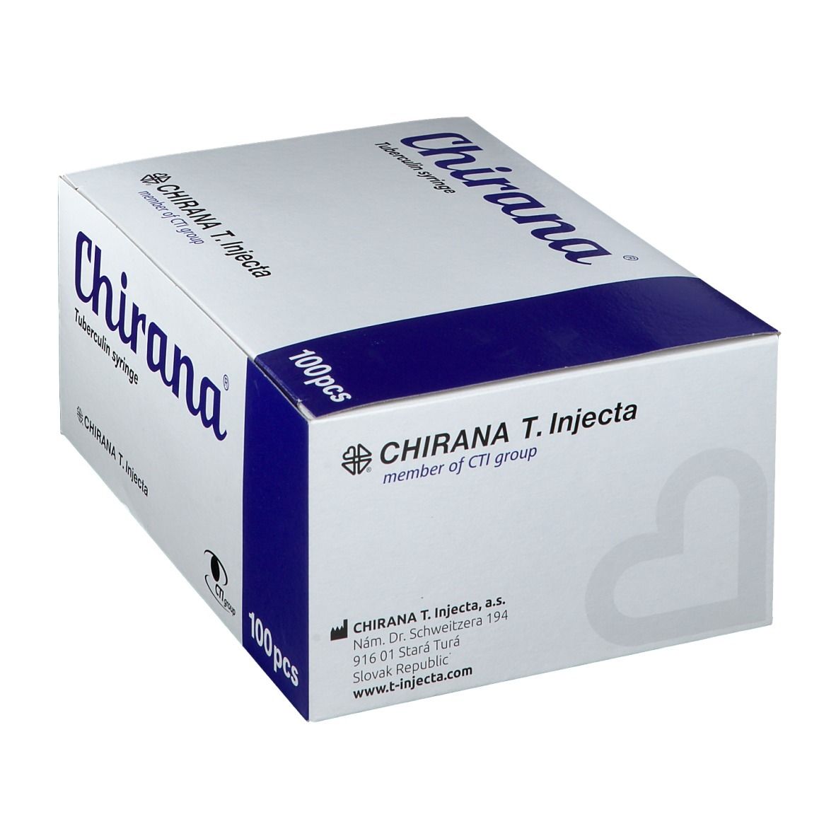 Boîte de seringues à tuberculine 'Chirana'. Emballage bleu et blanc. Contient 100 pièces. 'Chirana T. Injecta'.