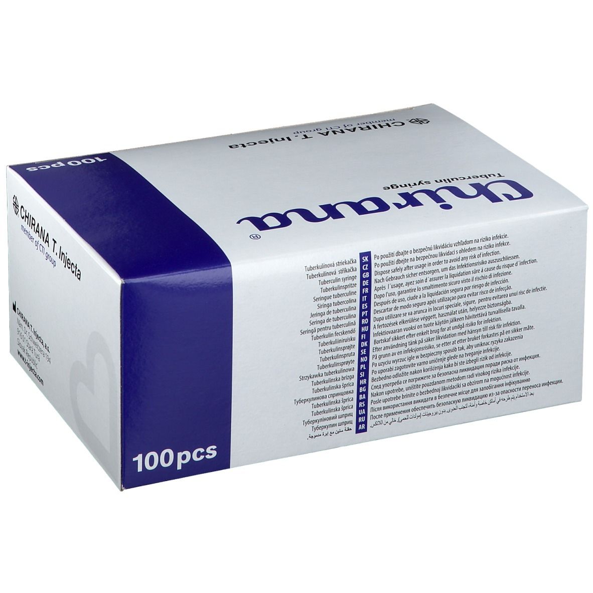 Boîte de seringues à tuberculine 'Chirana'. Emballage bleu et blanc. Contient 100 pièces. 'Chirana T. Injecta'.
