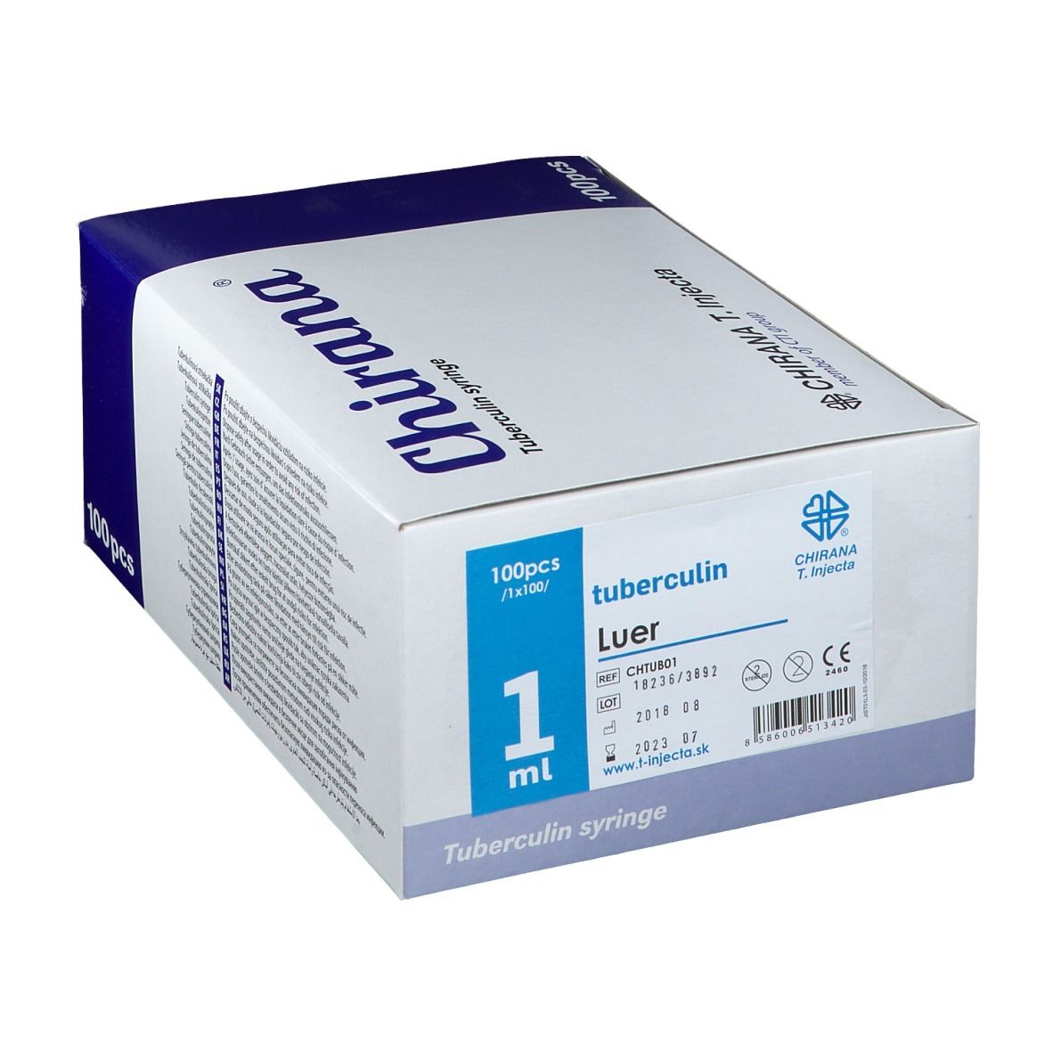 Boîte de seringues à tuberculine 'Chirana'. Emballage bleu et blanc. Contient 100 pièces. 'Chirana T. Injecta'. 1 ml Luer.