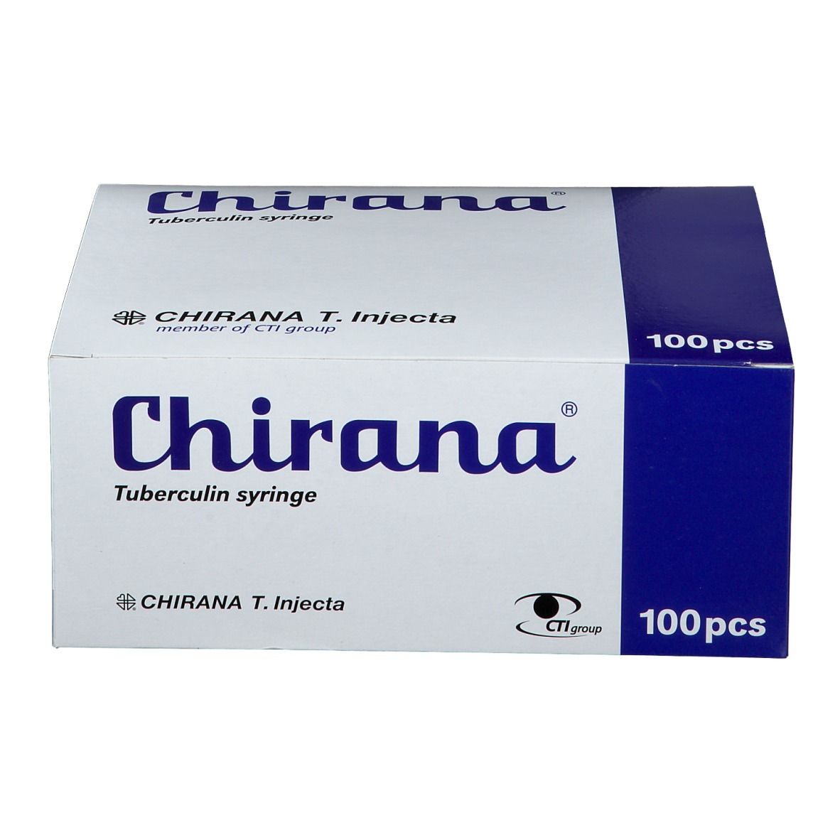 Boîte de seringues à tuberculine 'Chirana'. Emballage bleu et blanc. Contient 100 pièces. 'Chirana T. Injecta'.
