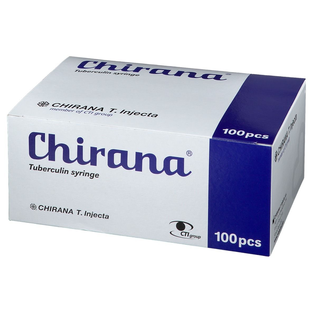 Boîte de seringues à tuberculine 'Chirana'. Emballage bleu et blanc. Contient 100 pièces. 'Chirana T. Injecta'.