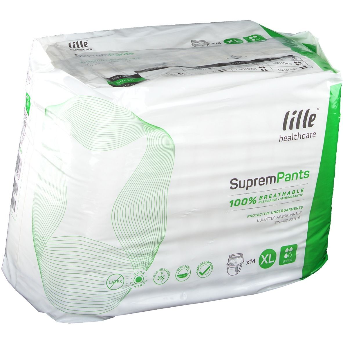 Paquet de SupremPants Super XL. Marque Lille Healthcare. 14 unités. Taille XL. 100% respirant. Sous-vêtements de protection.